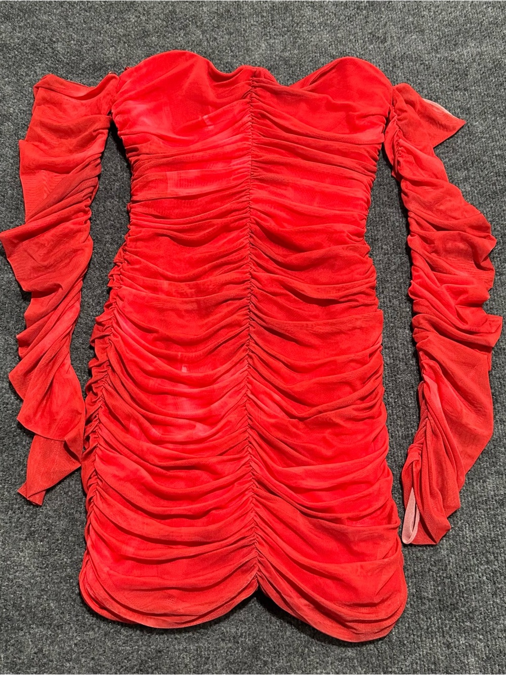 Zara Red Ruched Tulle Corset Style Short mini Dress with Long Sleeves size Med